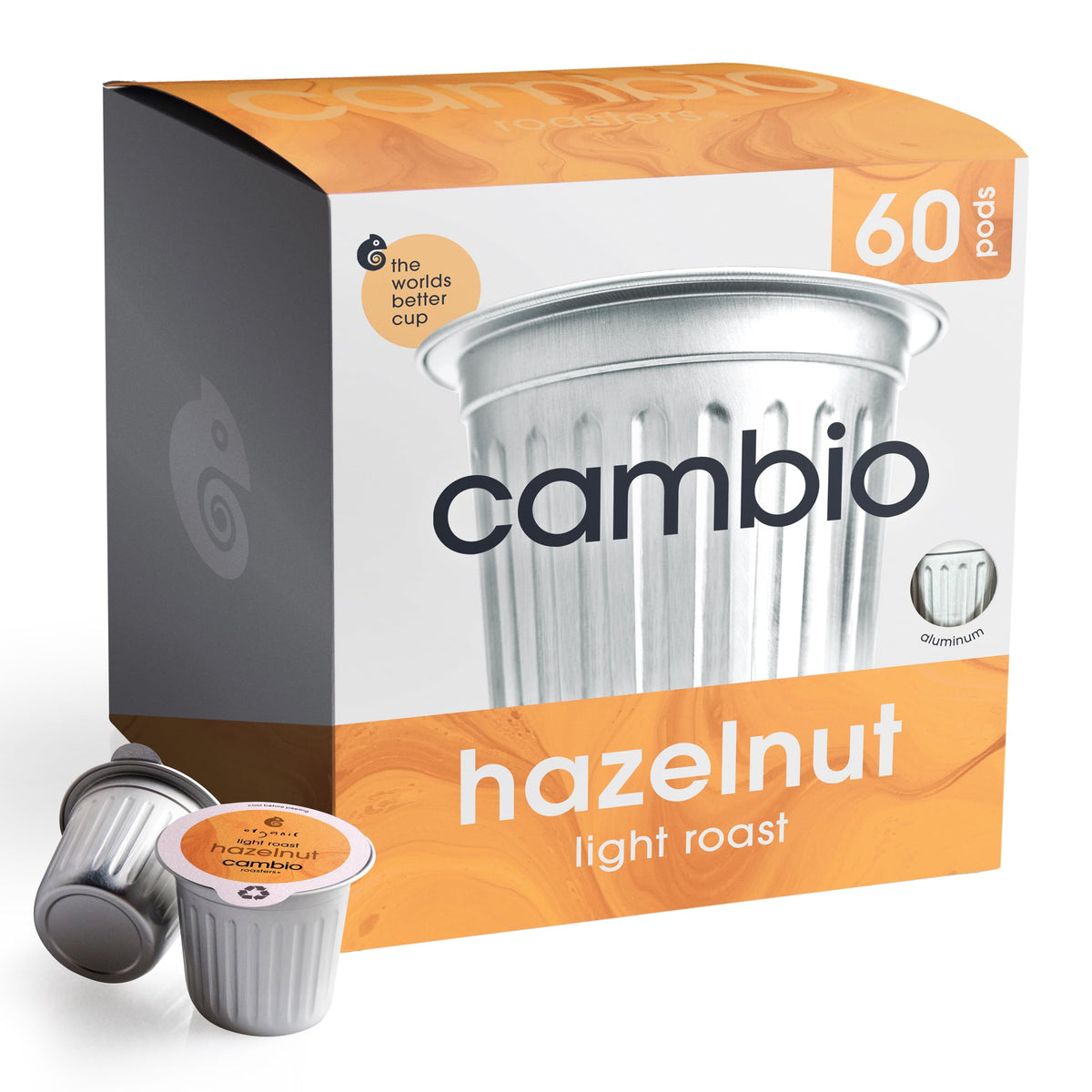 Cambio Roasters Hazelnut Light Roast pods packshot highlighting recyclable aluminum packaging and artisanal roasting