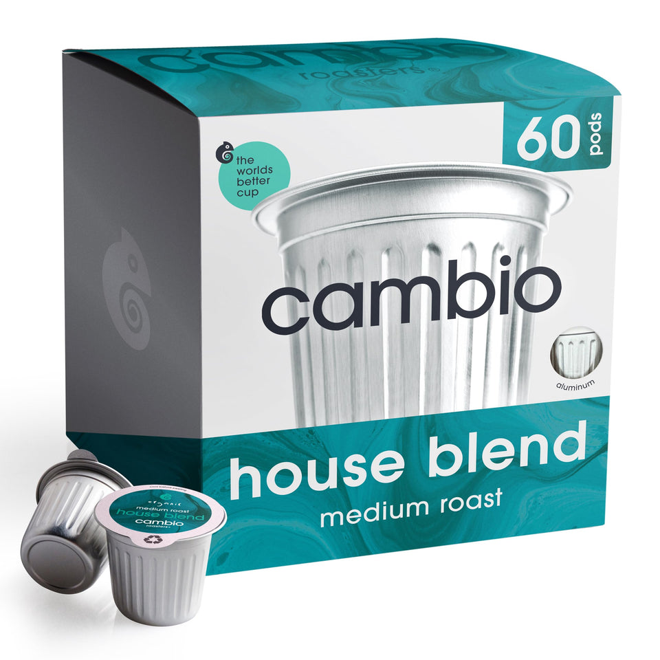 Cambio Roasters House Blend pods box showing convenient recyclable pods for quick brews