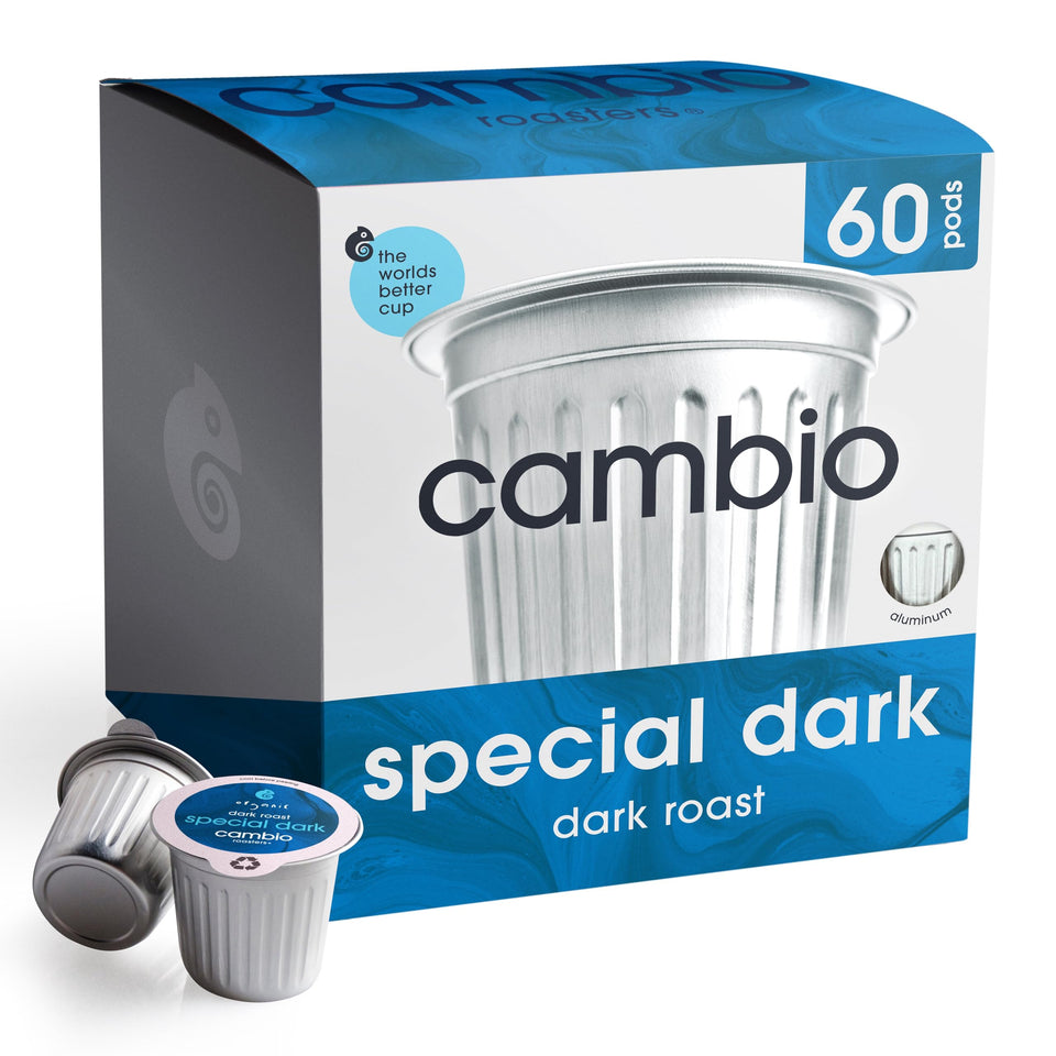 Cambio Roasters Special Dark Roast pods on a kitchen counter, showing Keurig compatibility