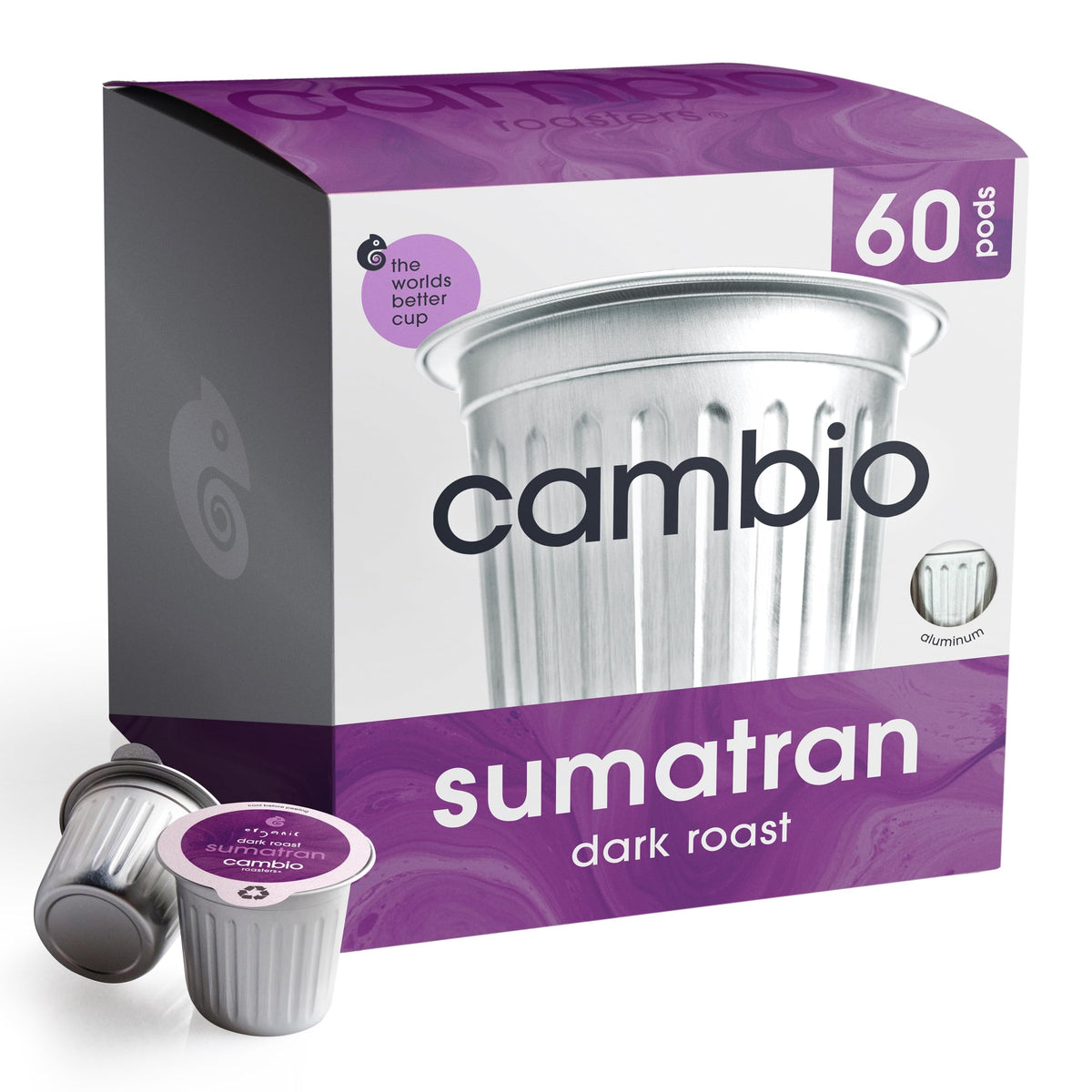 Cambio Roasters Sumatran Dark Roast pods packshot highlighting recyclable aluminum design for fresher brews