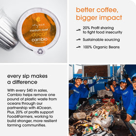 Cambio Roasters sustainability-donation-packaging highlighting 20% profits to Food4Farmers.