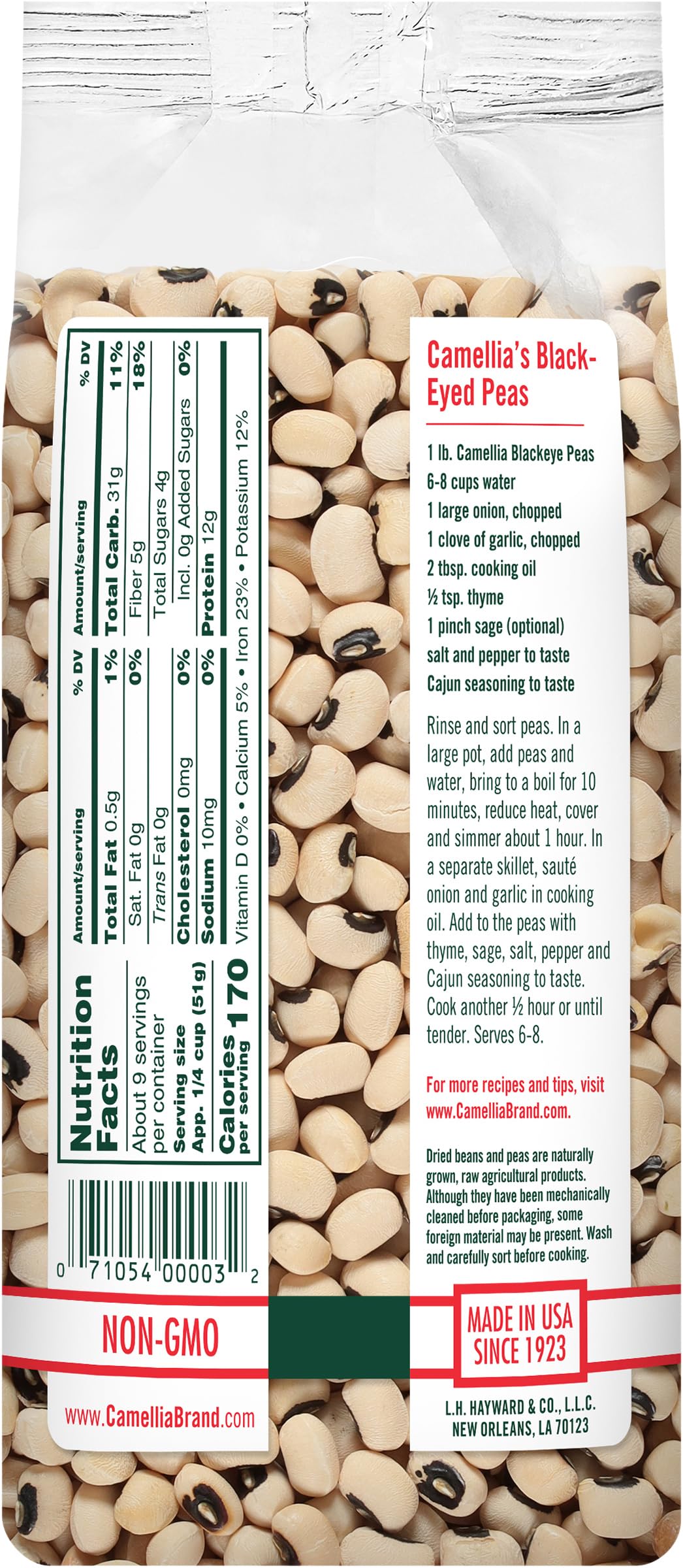 Cooked Camellia Brand blackeye peas delivering creamy texture and hearty flavor.