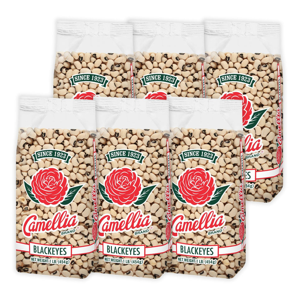 Camellia Brand dried blackeye peas in package, ideal pantry staple for Southern recipes.