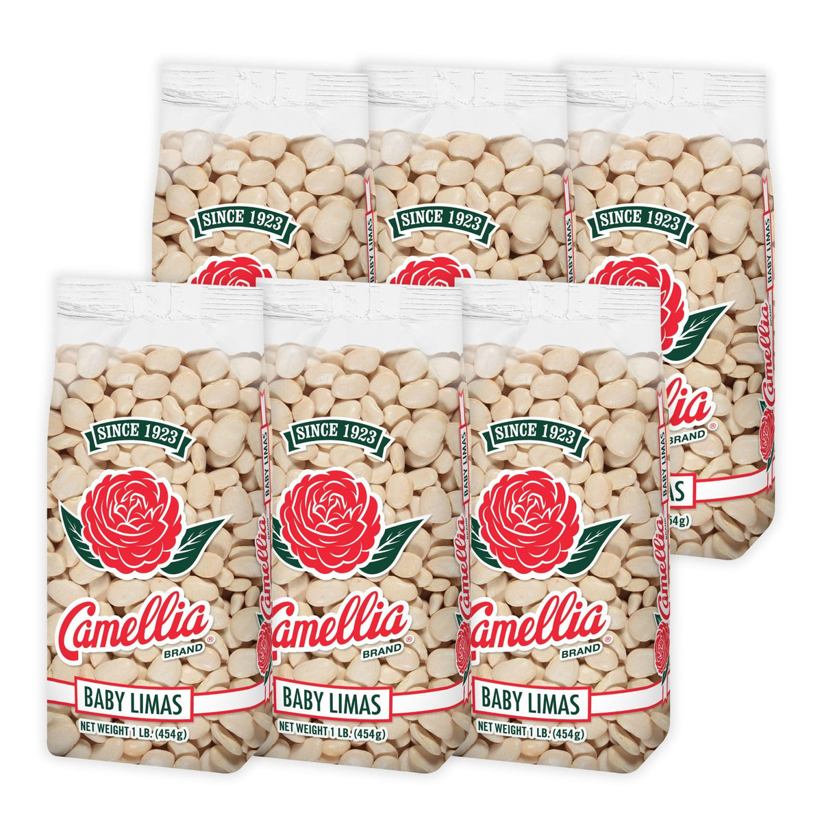Camellia Brand dried baby lima beans 6-pack ready for pantry storage.