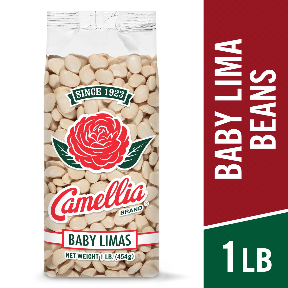 Close up of Camellia Brand baby lima beans ready for flavorful soups.