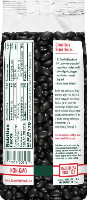 Camellia Brand dried black beans label, great for flavorful meals.