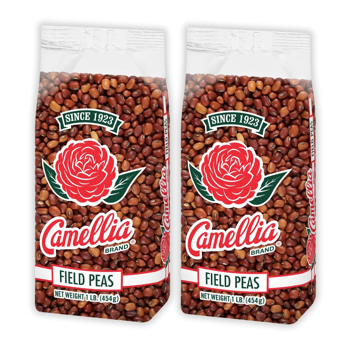 Camellia Brand dried field peas bag closeup highlighting premium quality and non-GMO goodness.