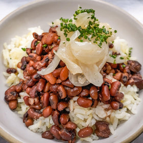 Camellia Brand dried field peas plated as a high-fiber protein addition.