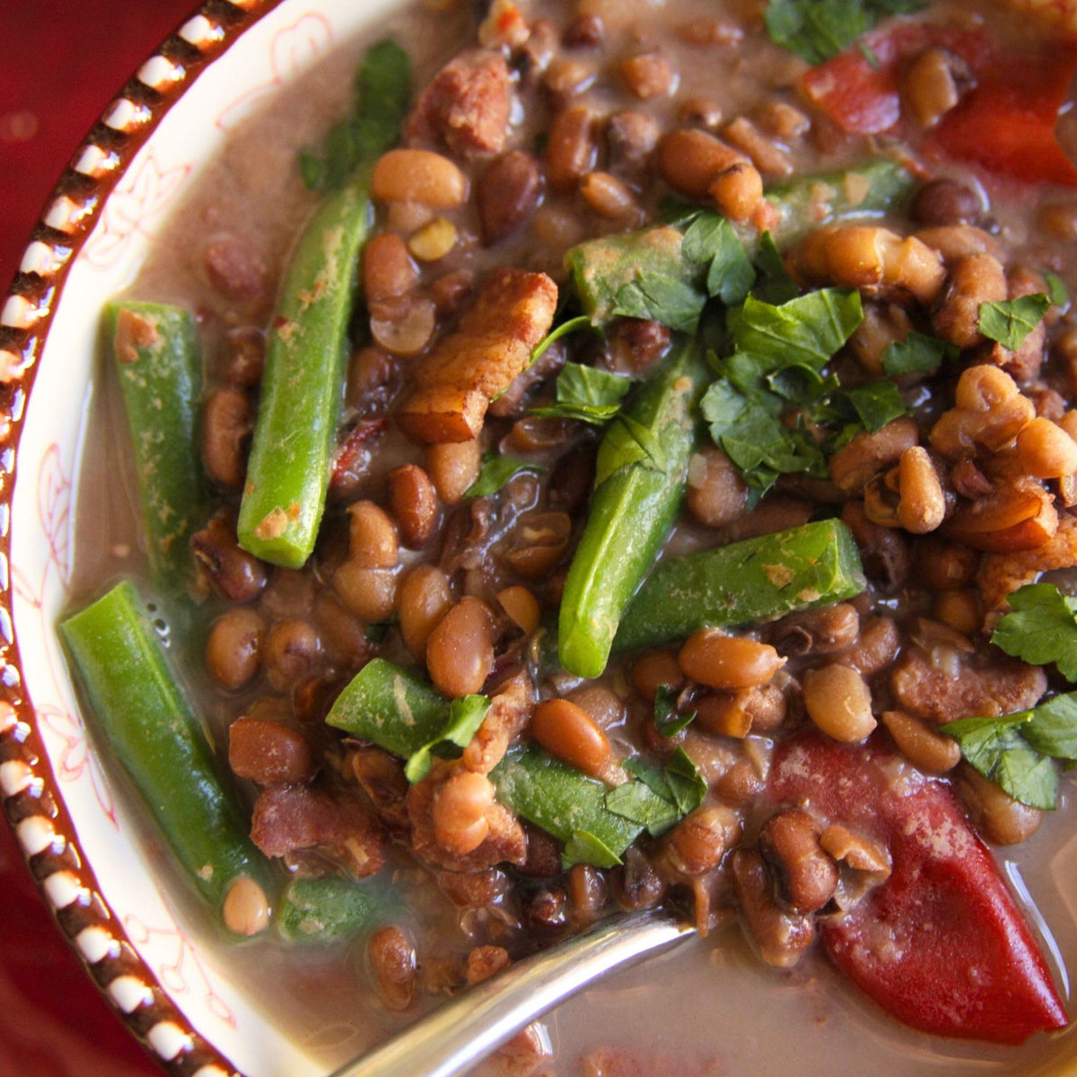 Camellia Brand dried field peas paired with corn and okra for a classic side.