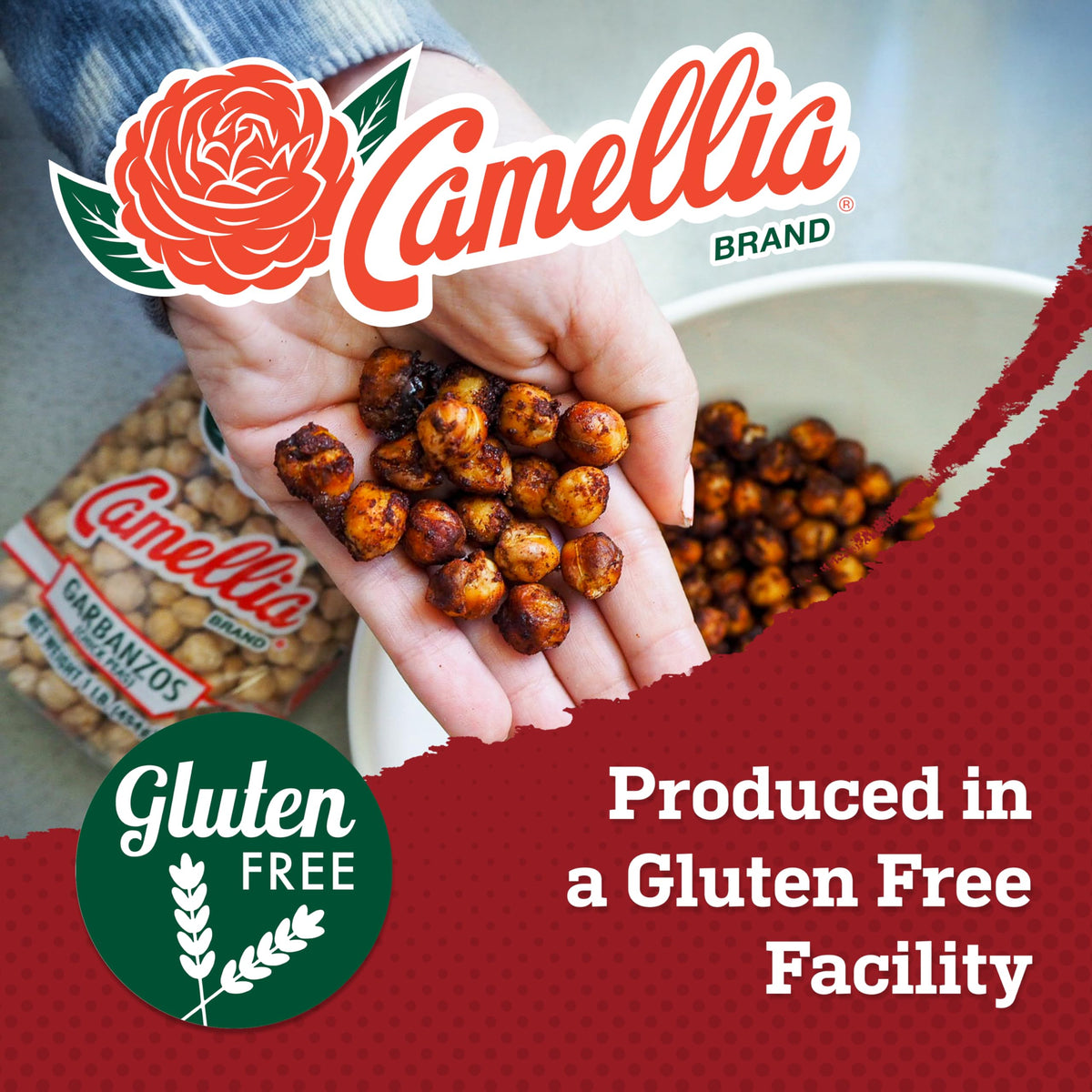 Camellia Brand dried garbanzo beans roasted snacks tray, delivers crispness with olive oil and seasonings.