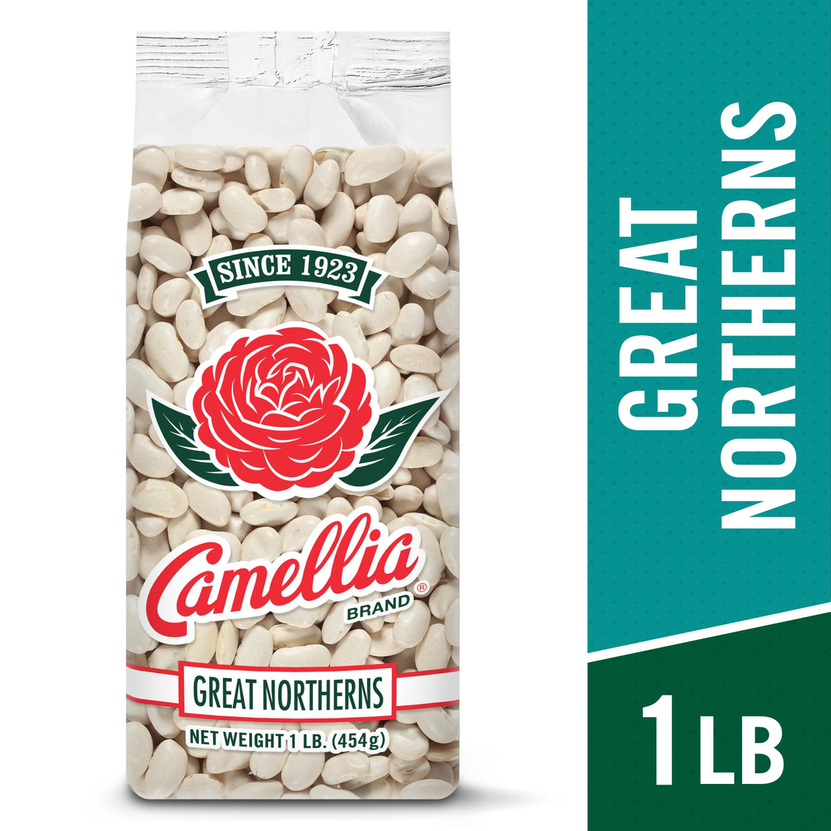 Camellia Brand dried Great Northern beans close-up of cream-colored seeds for versatile meals