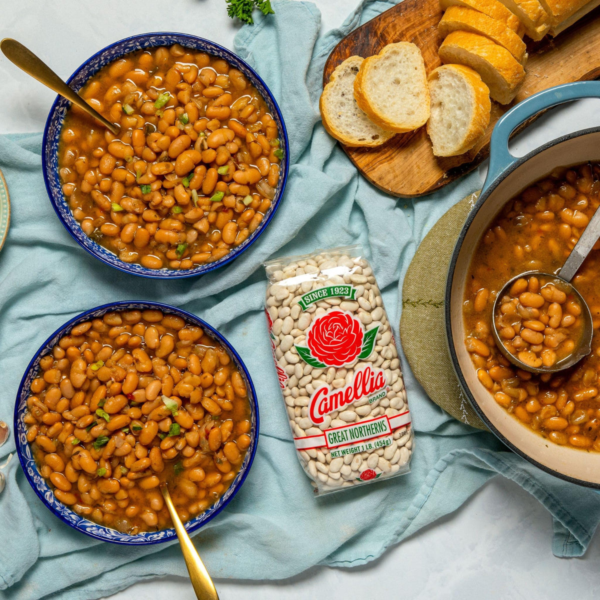 Camellia Brand Great Northern beans plated in a stew or casserole