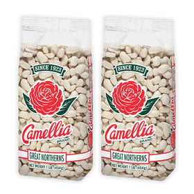Camellia Brand Great Northern beans packaging highlights premium quality for soups and stews