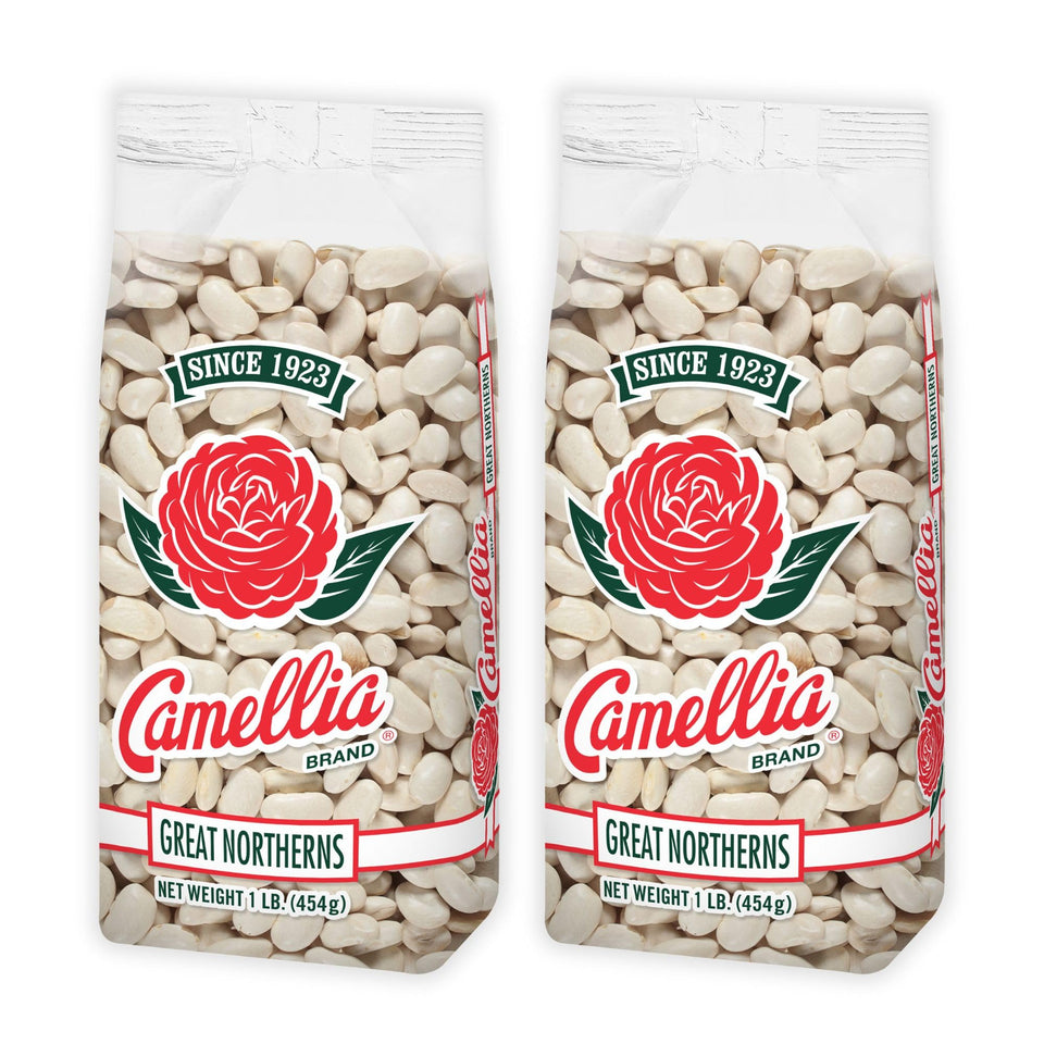 Camellia Brand Great Northern beans packaging highlights premium quality for soups and stews
