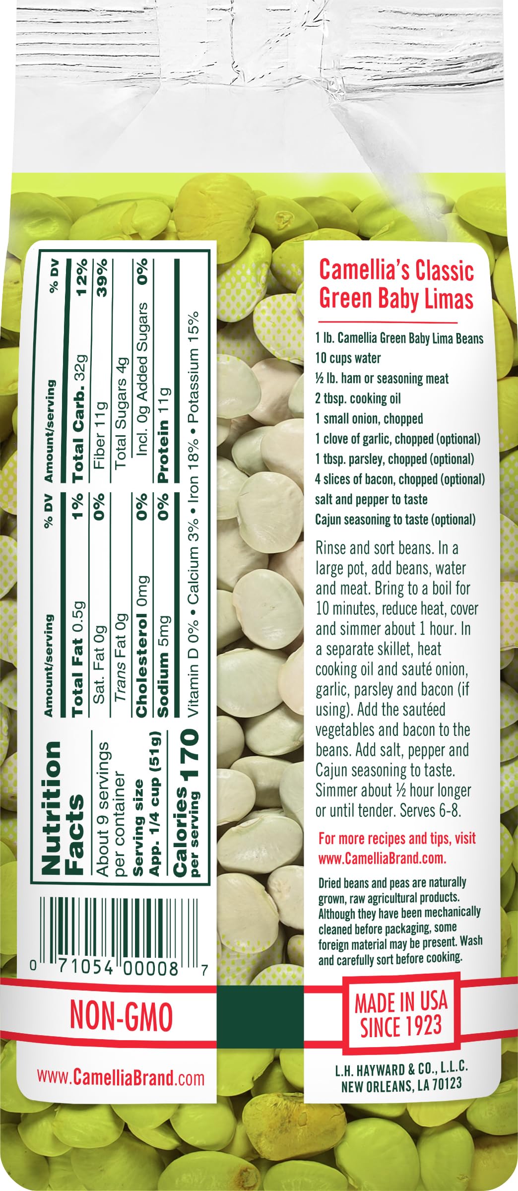 Closeup of Camellia Brand dried green baby lima beans showing creamy texture