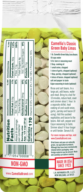 Closeup of Camellia Brand dried green baby lima beans showing creamy texture