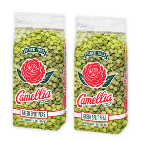 Camellia Brand dried green split peas bag open, ready for hearty soups.