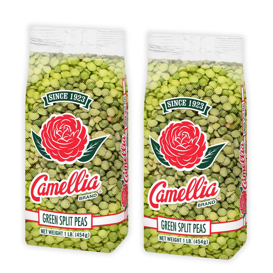 Camellia Brand dried green split peas bag open, ready for hearty soups.