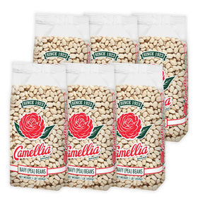 Camellia Brand dried navy beans in a bag close-up, natural texture for versatile cooking.
