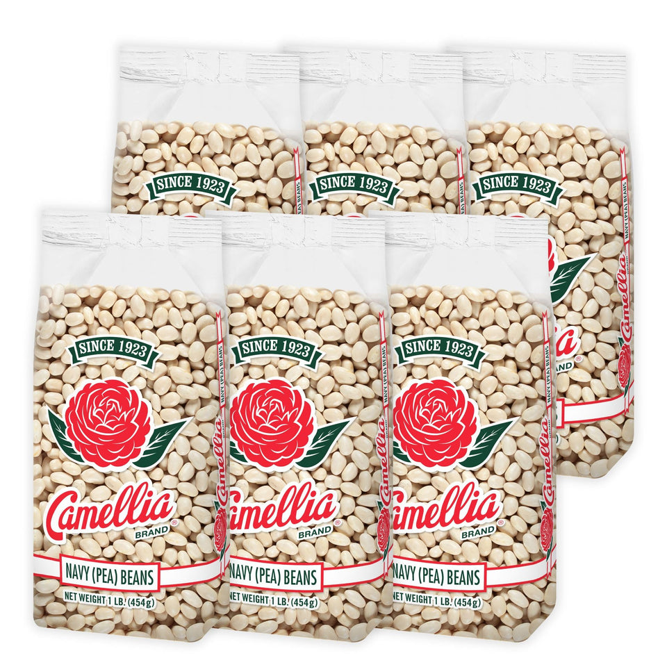 Camellia Brand dried navy beans in a bag close-up, natural texture for versatile cooking.