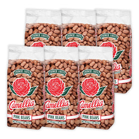Camellia Brand dried pink beans in a bag closeup, ready to soak for soups.