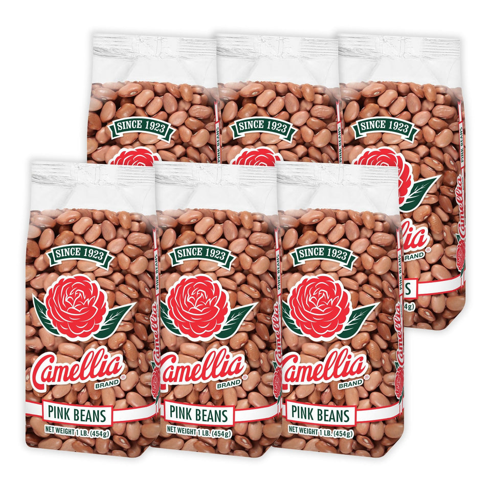 Camellia Brand dried pink beans in a bag closeup, ready to soak for soups.