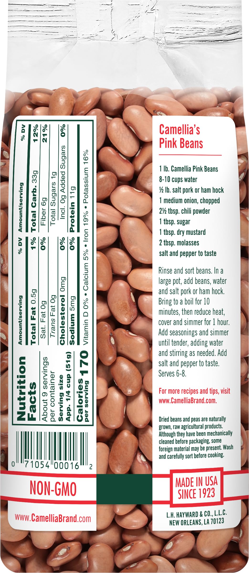 Camellia Brand dried pink beans in a chili bowl, rich and flavorful.