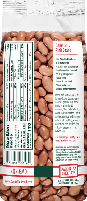 Camellia Brand dried pink beans in a chili bowl, rich and flavorful.