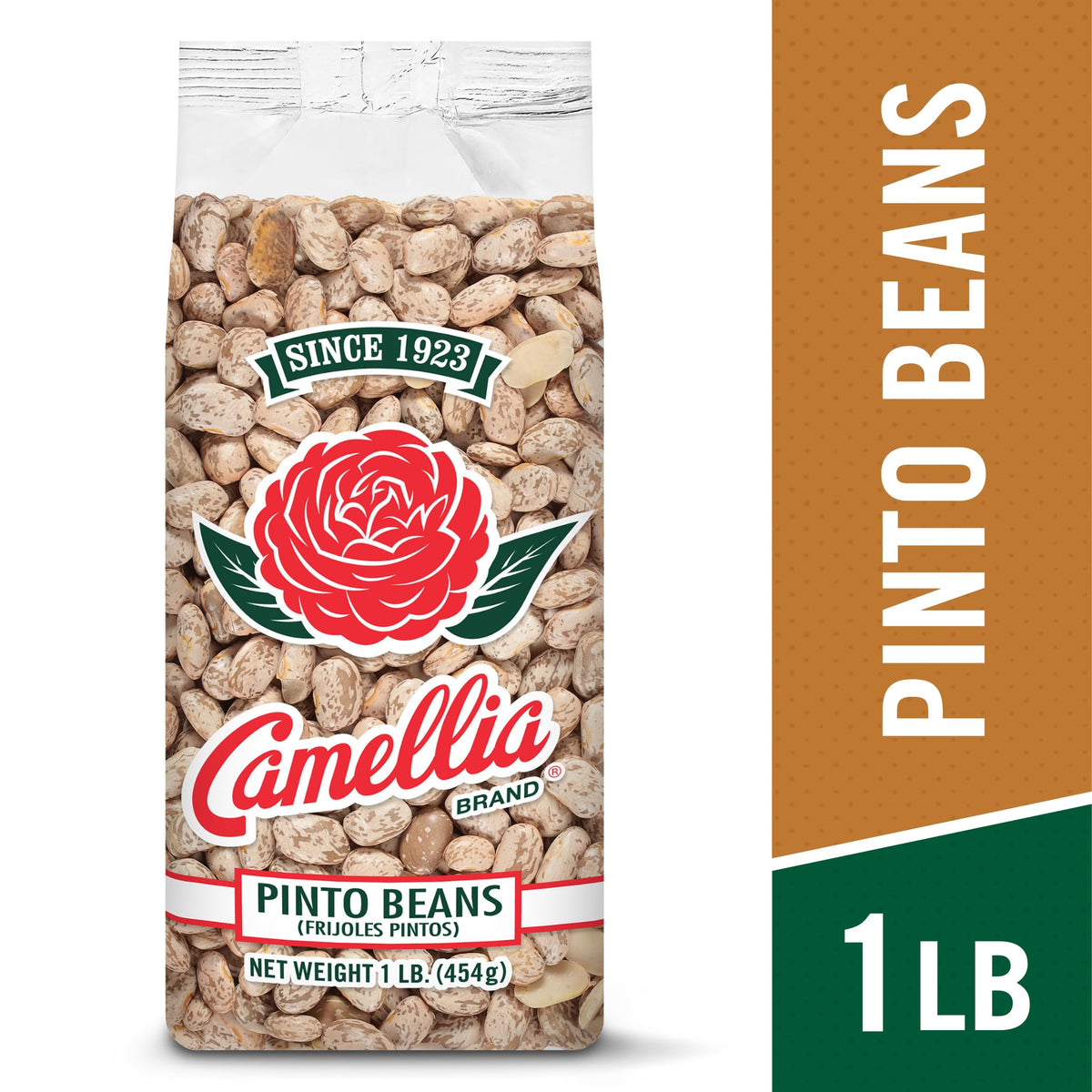 Camellia Brand Pinto beans closeup, non-GMO and gluten-free for versatile cooking