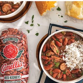 Camellia Brand beans simmering with aromatics for a rich stew