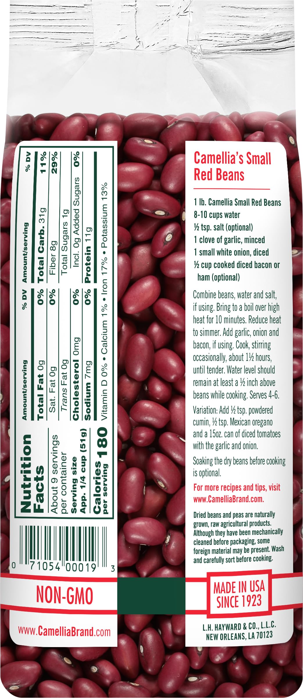 Camellia Brand dried small red beans close-up texture enhances soups and stews.