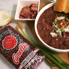 Camellia Brand dried small red beans with rice and peas dish.