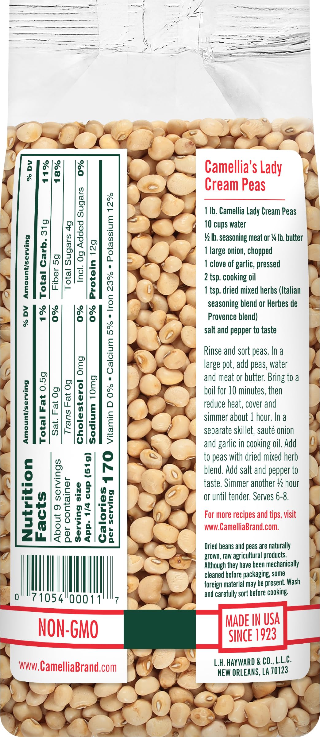 Camellia Brand Lady Cream peas close-up highlights creamy texture for comforting meals.