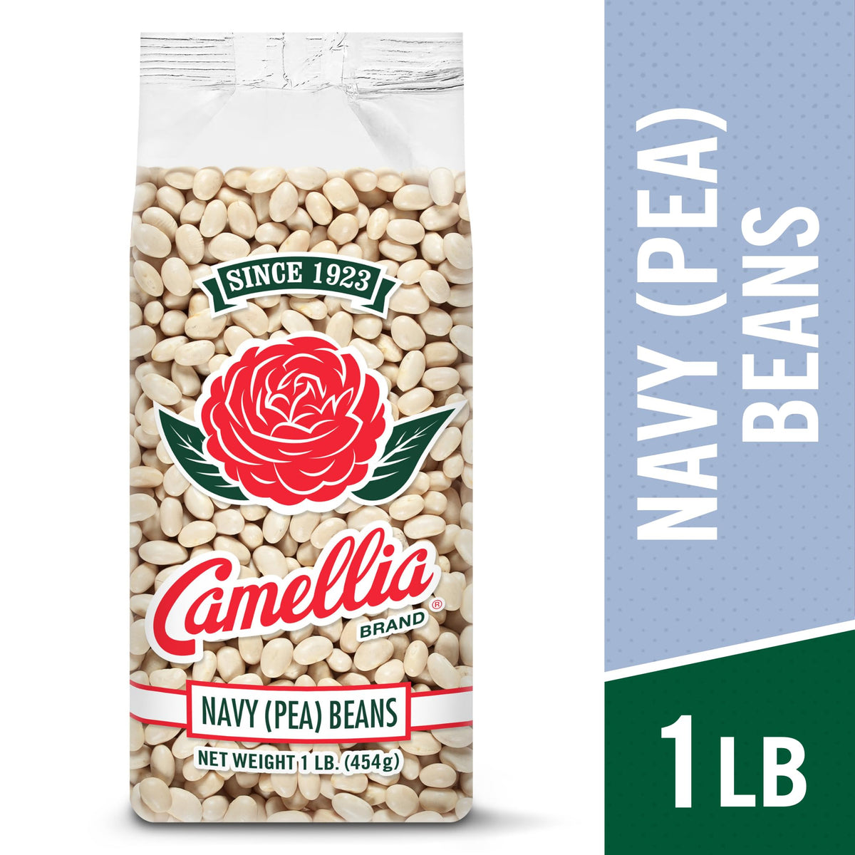 Camellia Brand navy beans cooked, steaming in a bowl, perfect for hearty meals.