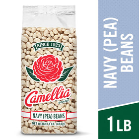 Camellia Brand navy beans cooked, steaming in a bowl, perfect for hearty meals.