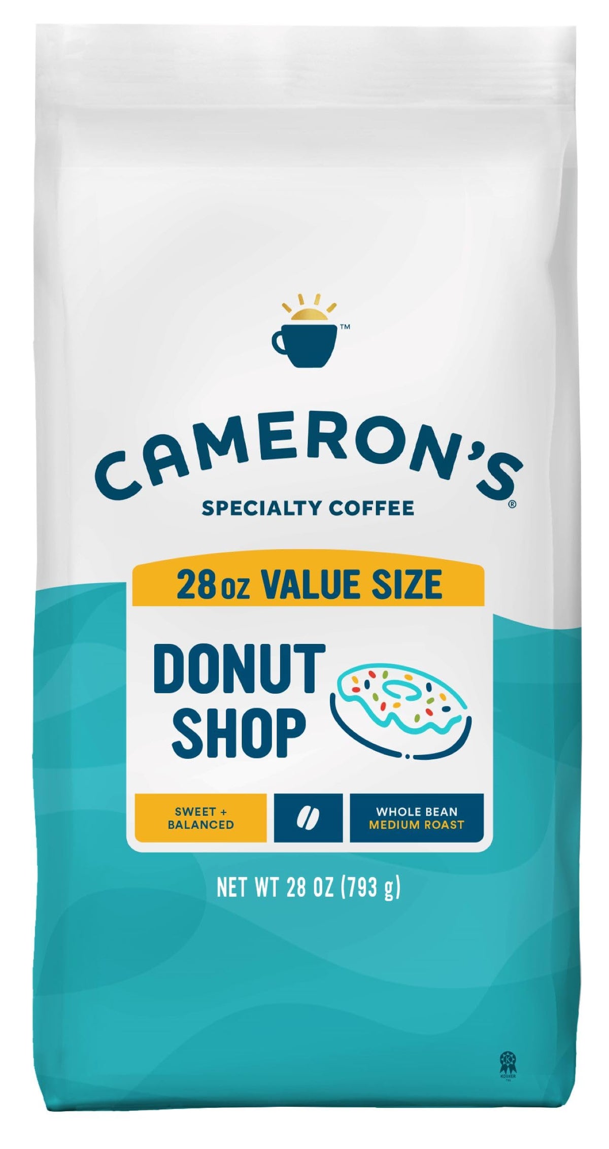 Cameron's Donut Shop bag front with premium Arabica beans for a smooth brew.