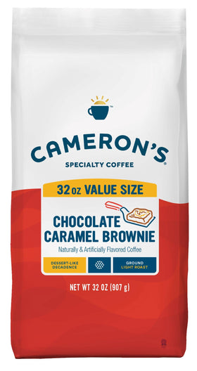 Cameron's Coffee Chocolate Caramel Brownie ground bag front, inviting aroma for a comforting morning.