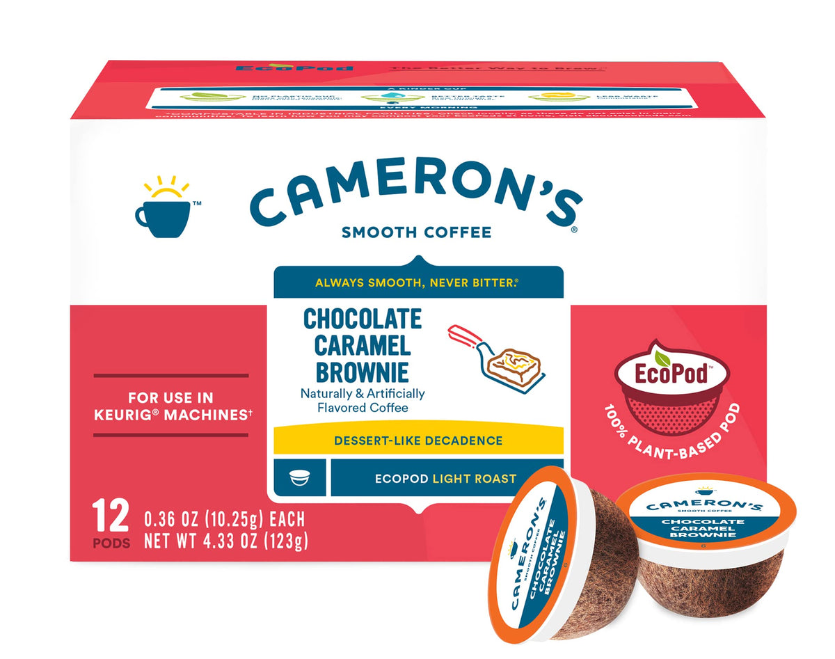 Camerons Coffee cup with steaming pod brew, ready in minutes.