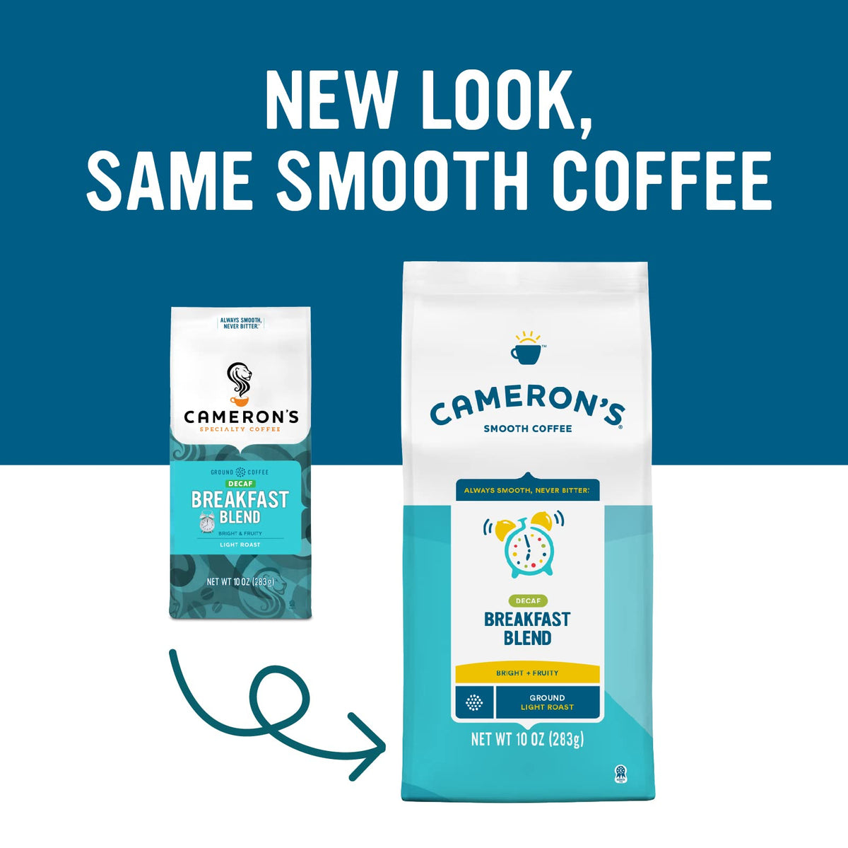 Cameron's Coffee decaf breakfast blend label front showing brand quality