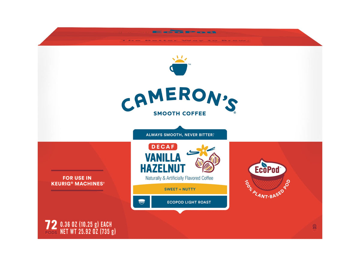 Cameron's Coffee decaf vanilla hazelnut pods box for quick, smooth mornings