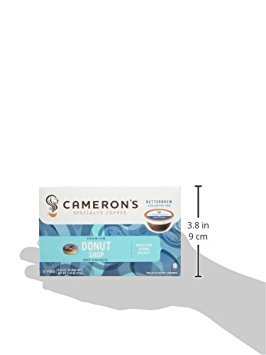 Cameron's Donut Shop Blend pods depicted with box, ideal for busy mornings.
