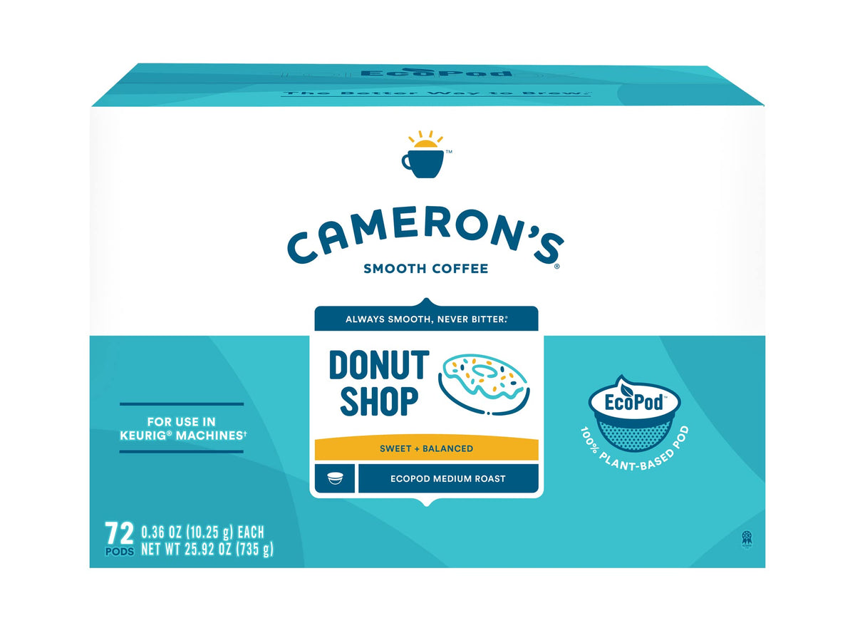 Cameron's Coffee Donut Shop pods in a box for quick, flavorful mornings.