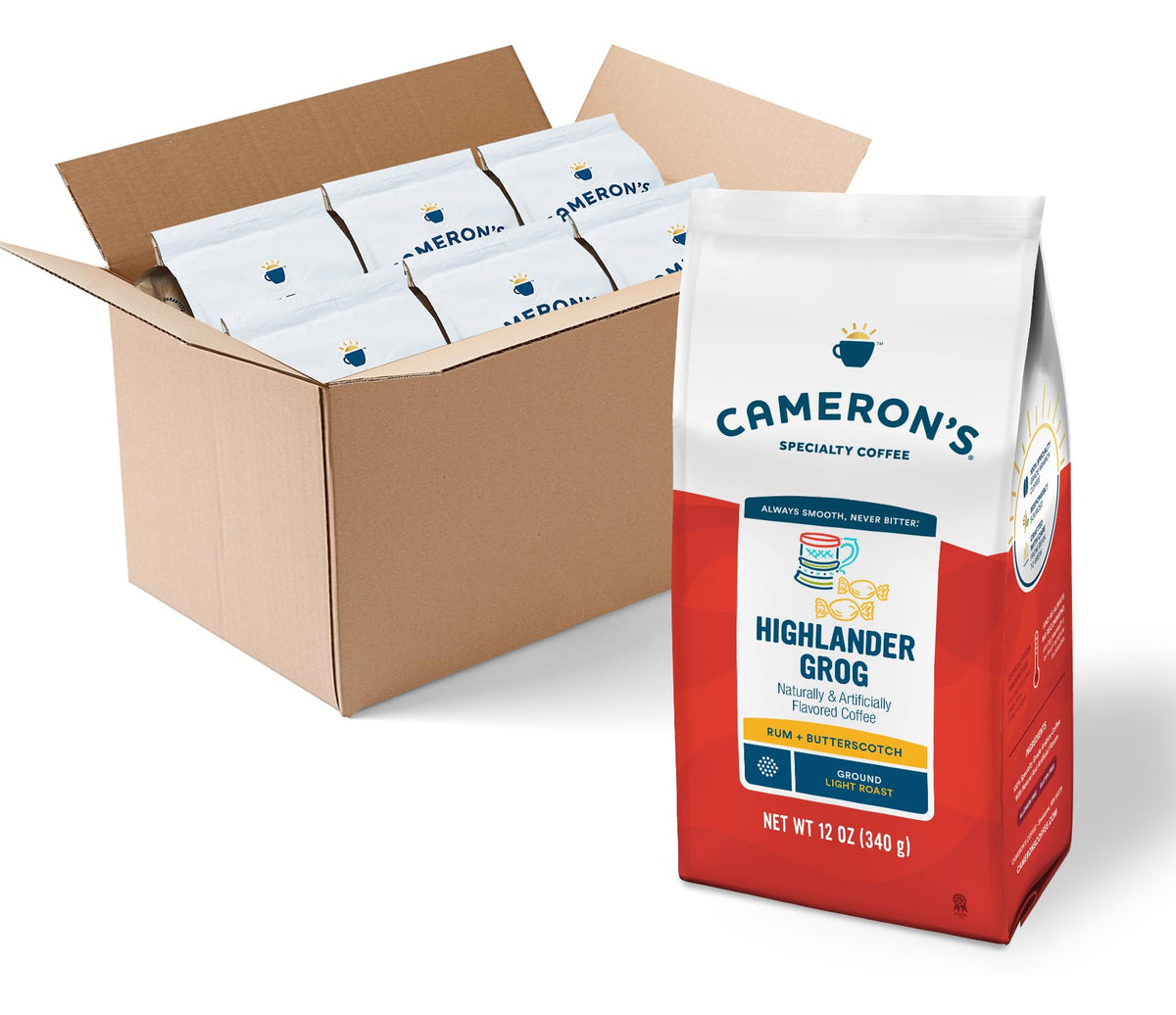 Cameron's Coffee Highlander Grog bag on display, premium roast for home brewing.