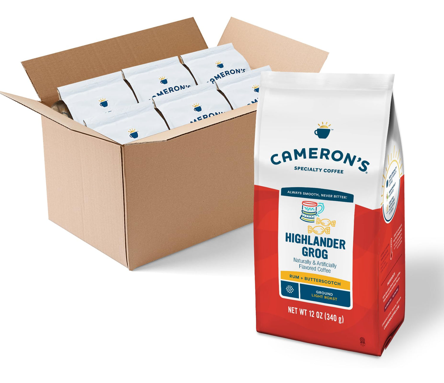 Cameron's Coffee Highlander Grog bag on display, premium roast for home brewing.