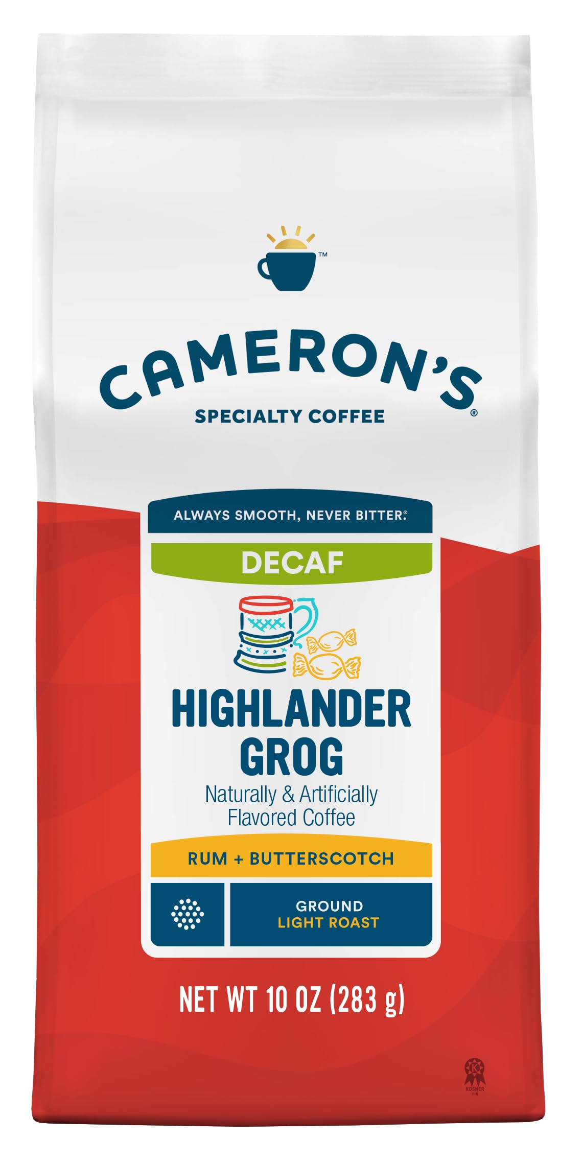 Cameron's Highlander Grog decaf cup shows rich flavor without caffeine.