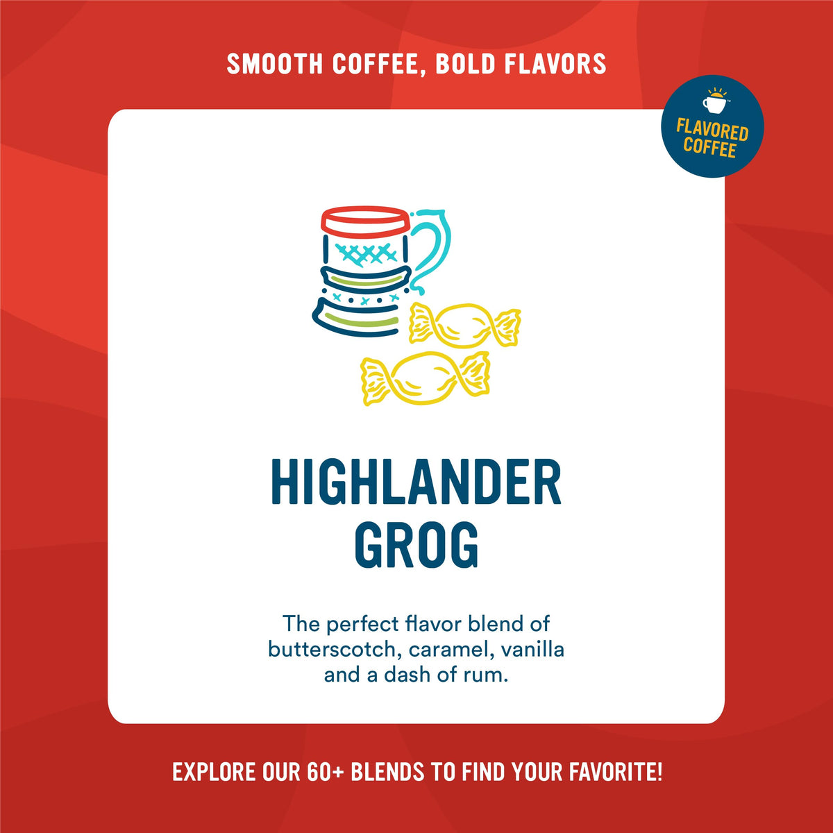 Cameron's Coffee Highlander Grog label close-up highlighting vanilla and caramel notes