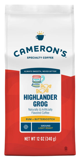 Cameron's Highlander Grog label close-up with clear flavor notes and quality.