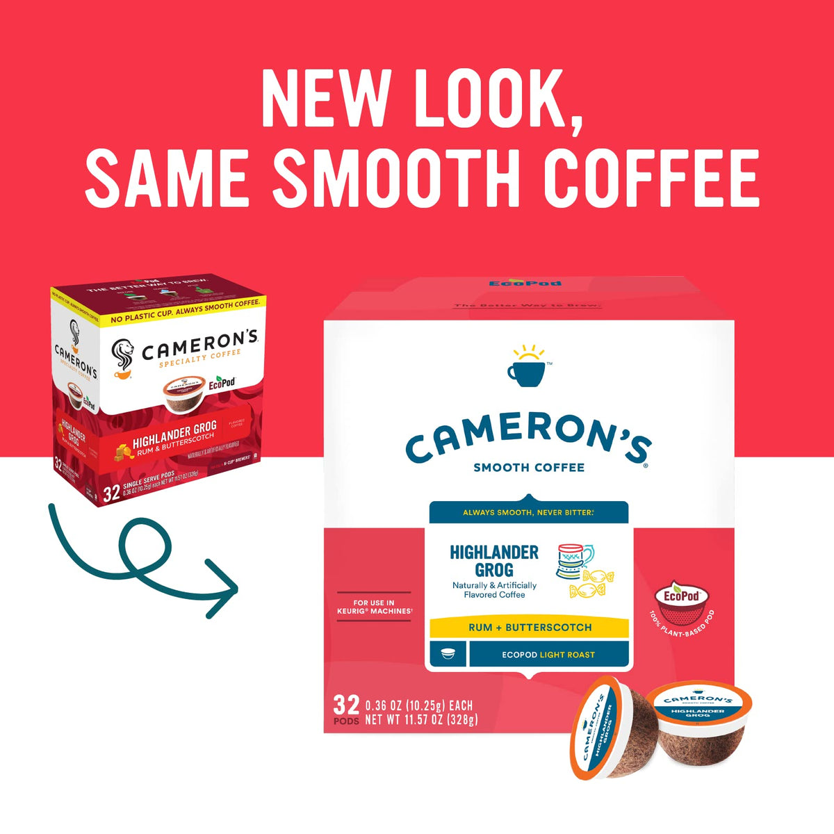 Closeup of Cameron's Highlander Grog pods highlighting rich packaging