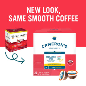 Closeup of Cameron's Highlander Grog pods highlighting rich packaging