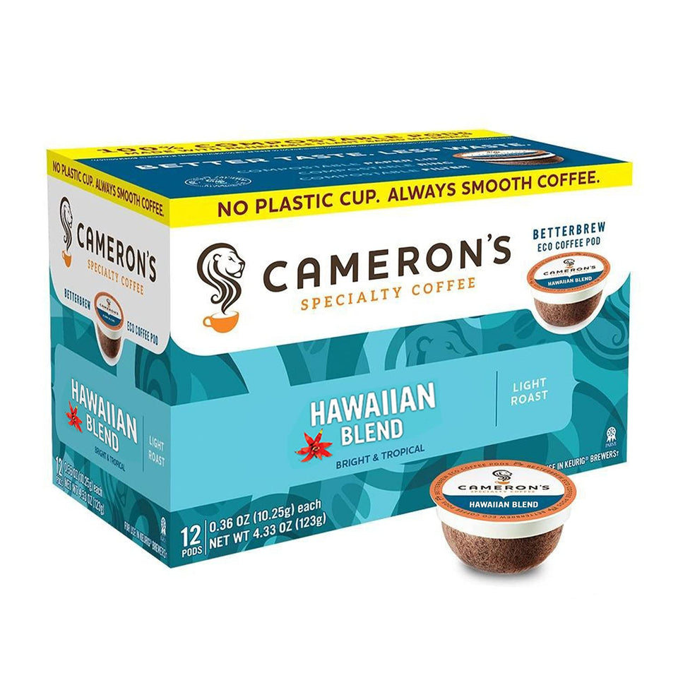 Cameron's Coffee Kona Blend pods on the box front for quick brewing.